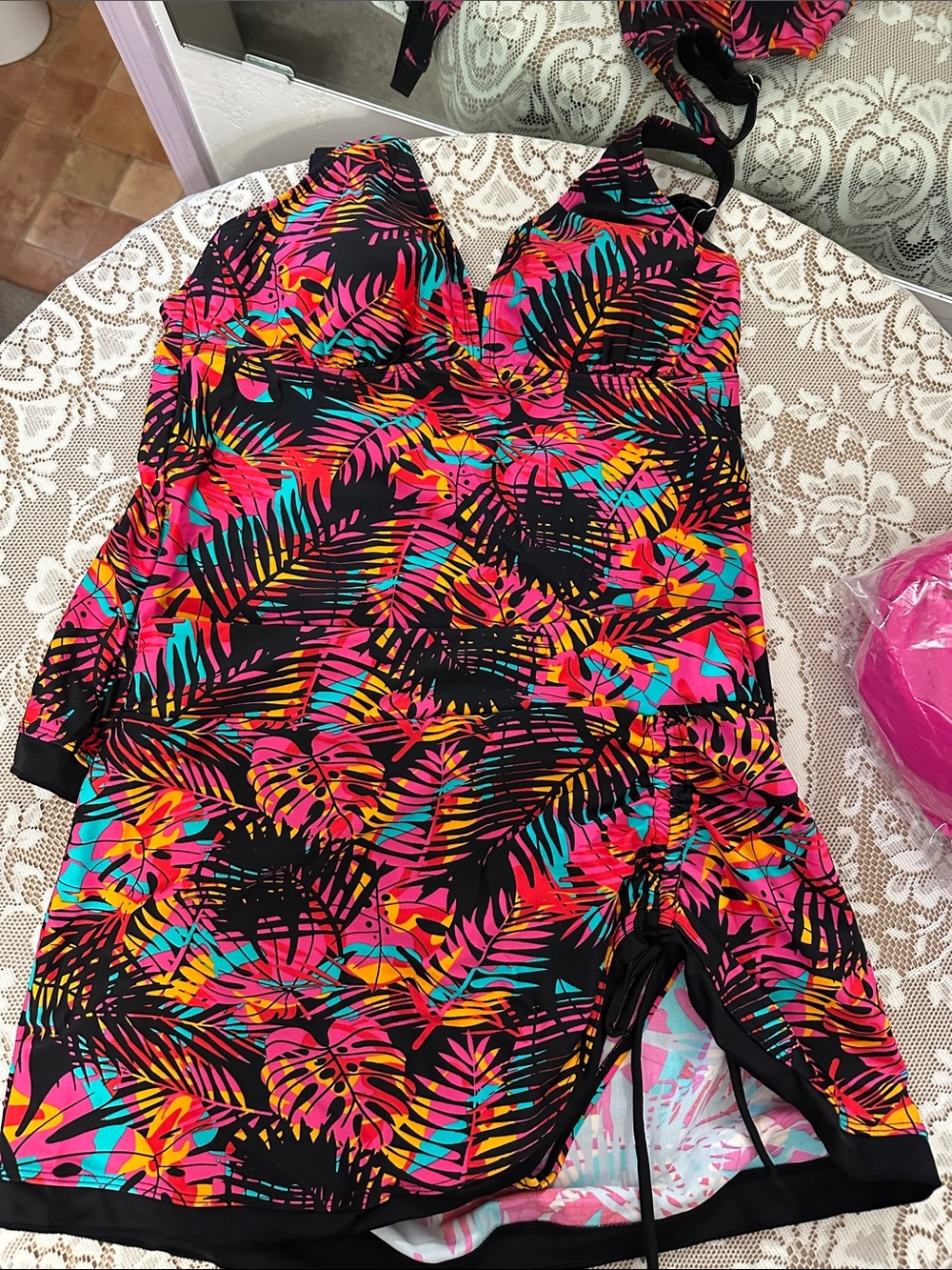Neon Tropical Leaf Tankini Top